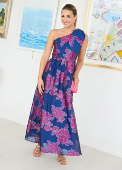 Caroline Gown in Fuchsia Navy Peony Organza