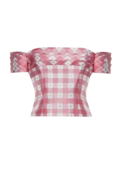 Casey Silk Gingham Off-Shoulder Crop Top