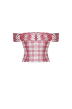 Casey Silk Gingham Off-Shoulder Crop Top