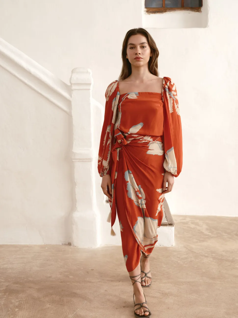 Celia Crepe Chine Blouse in Orange Gladiolos