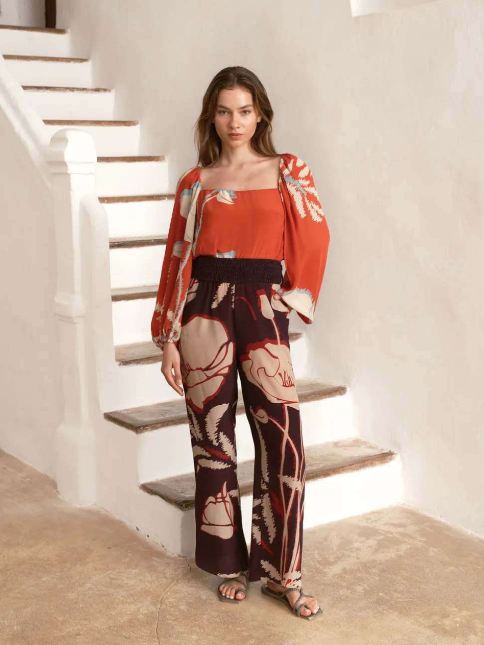 Celia Crepe Chine Blouse in Orange Gladiolos
