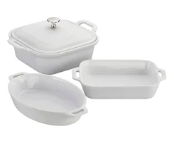 Ceramic 4-pc Baking Pans Set, Casserole Dish with Lid, Brownie Pan, White