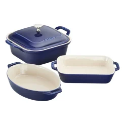 Ceramic 4-pc Baking Pans Set, Casserole Dish with Lid, Brownie Pan, Dark Blue