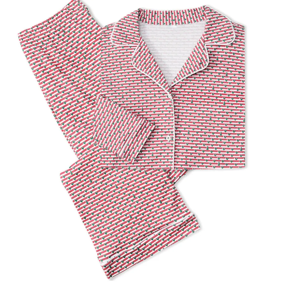 Christmas Tree Stripe Women's Button Front Long Pajama Set