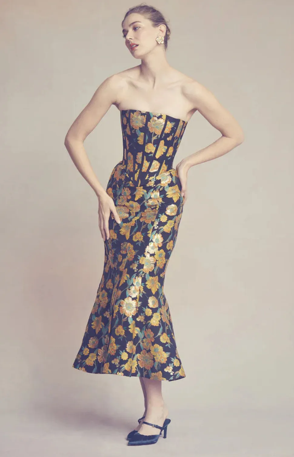 Claude Corset Top in Metallic Citrine Brocade
