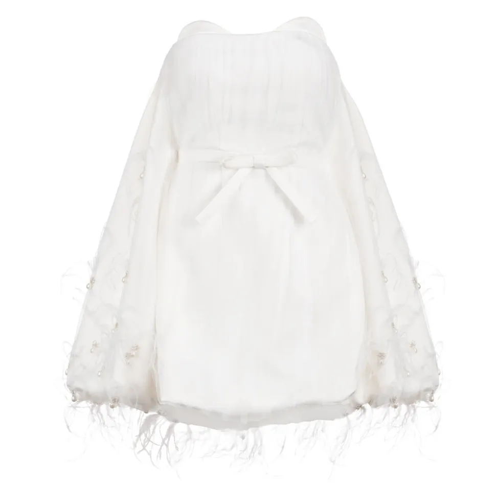 Cloud Dress in Ivory Satin with Feather Embellishment