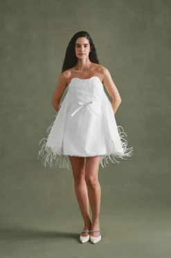 Cloud Dress in Ivory Satin with Feather Embellishment