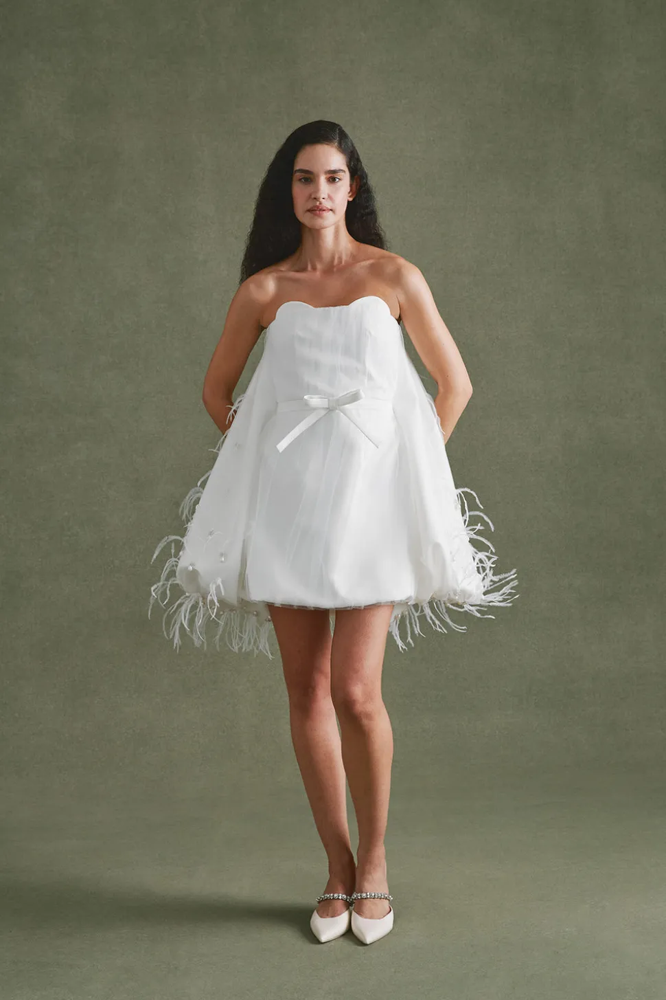 Cloud Dress in Ivory Satin with Feather Embellishment