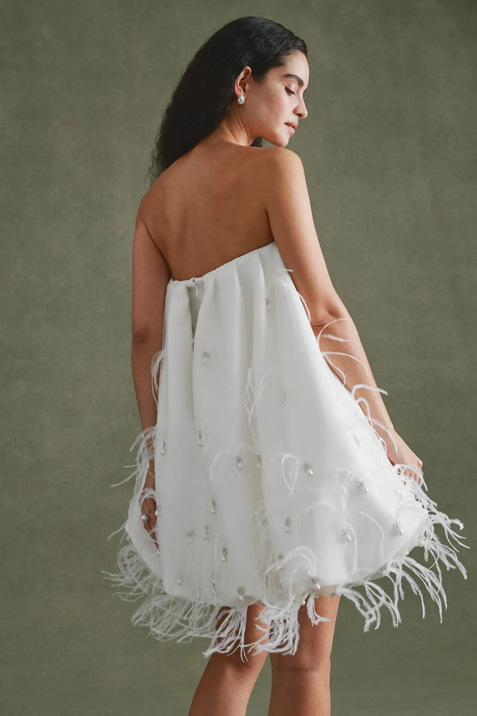 Cloud Dress in Ivory Satin with Feather Embellishment