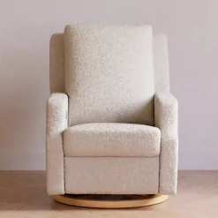 Crewe Electronic Recliner and Swivel Glider in Ivory Boucle with Light Wood Base