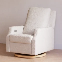 Crewe Electronic Recliner and Swivel Glider in Ivory Boucle with Light Wood Base