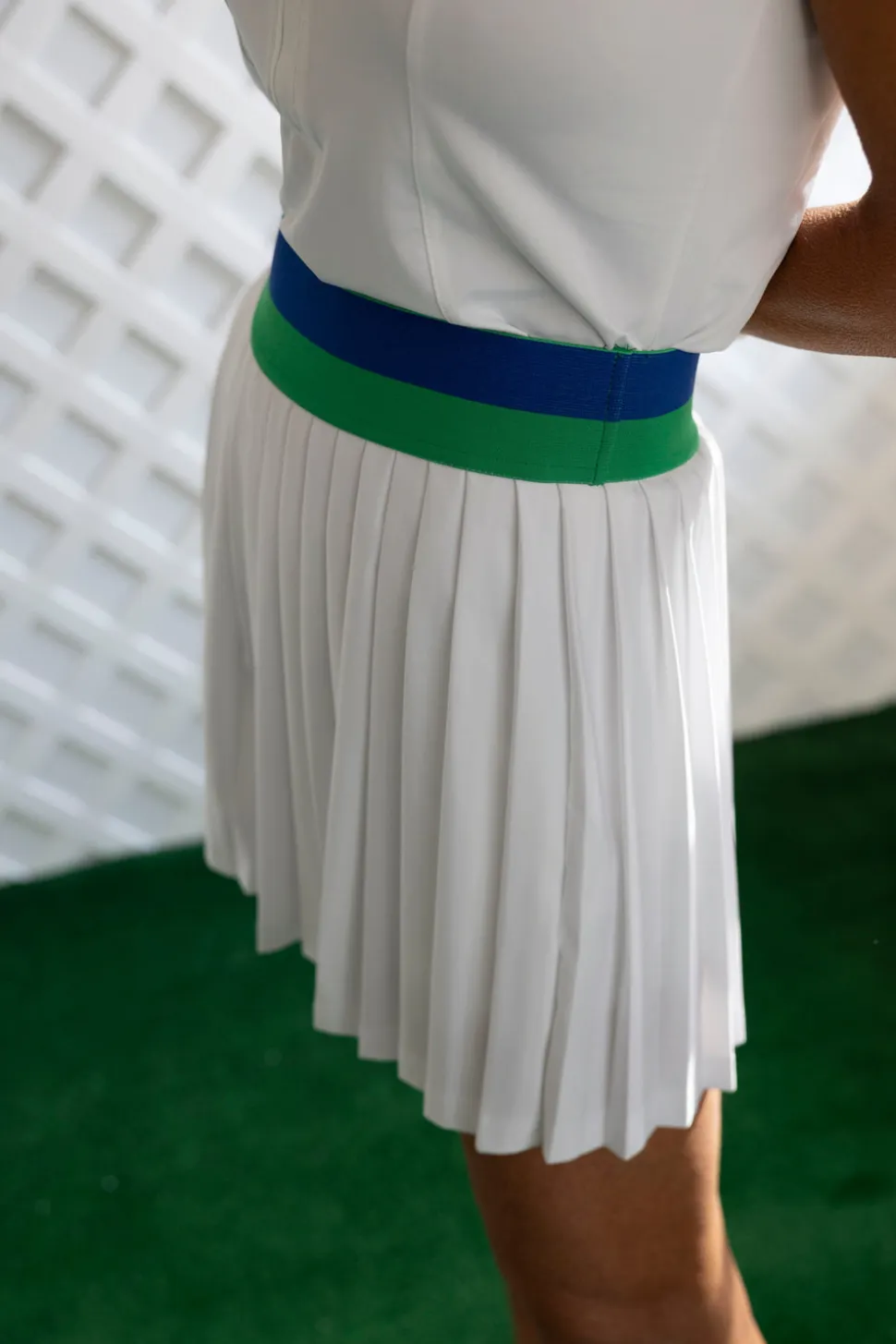 Cricket Skort in White with Blue & Green Trim