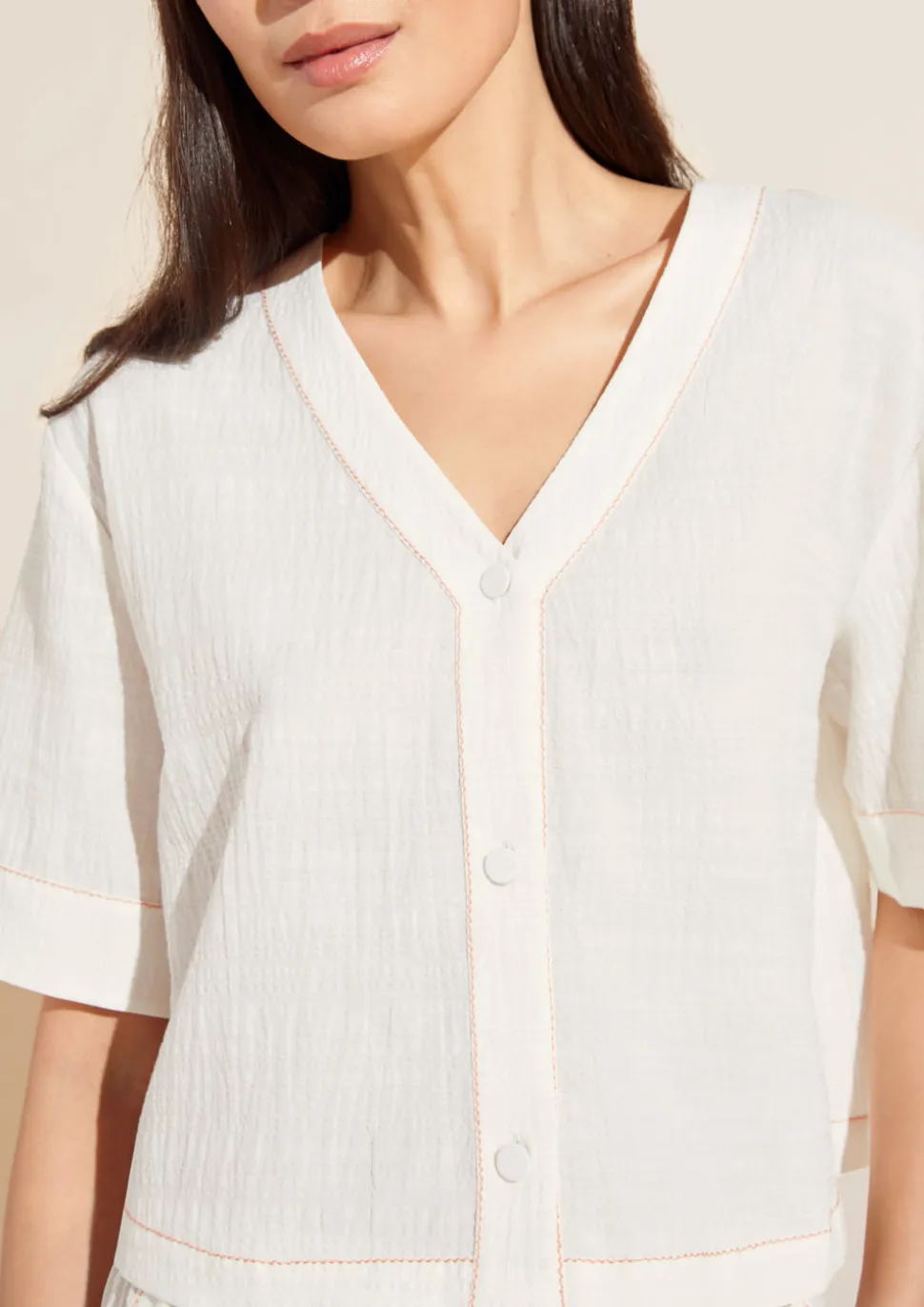 Crinkle Woven Short Sleeve Top/Short Set in Ivory/Canyon Sunset