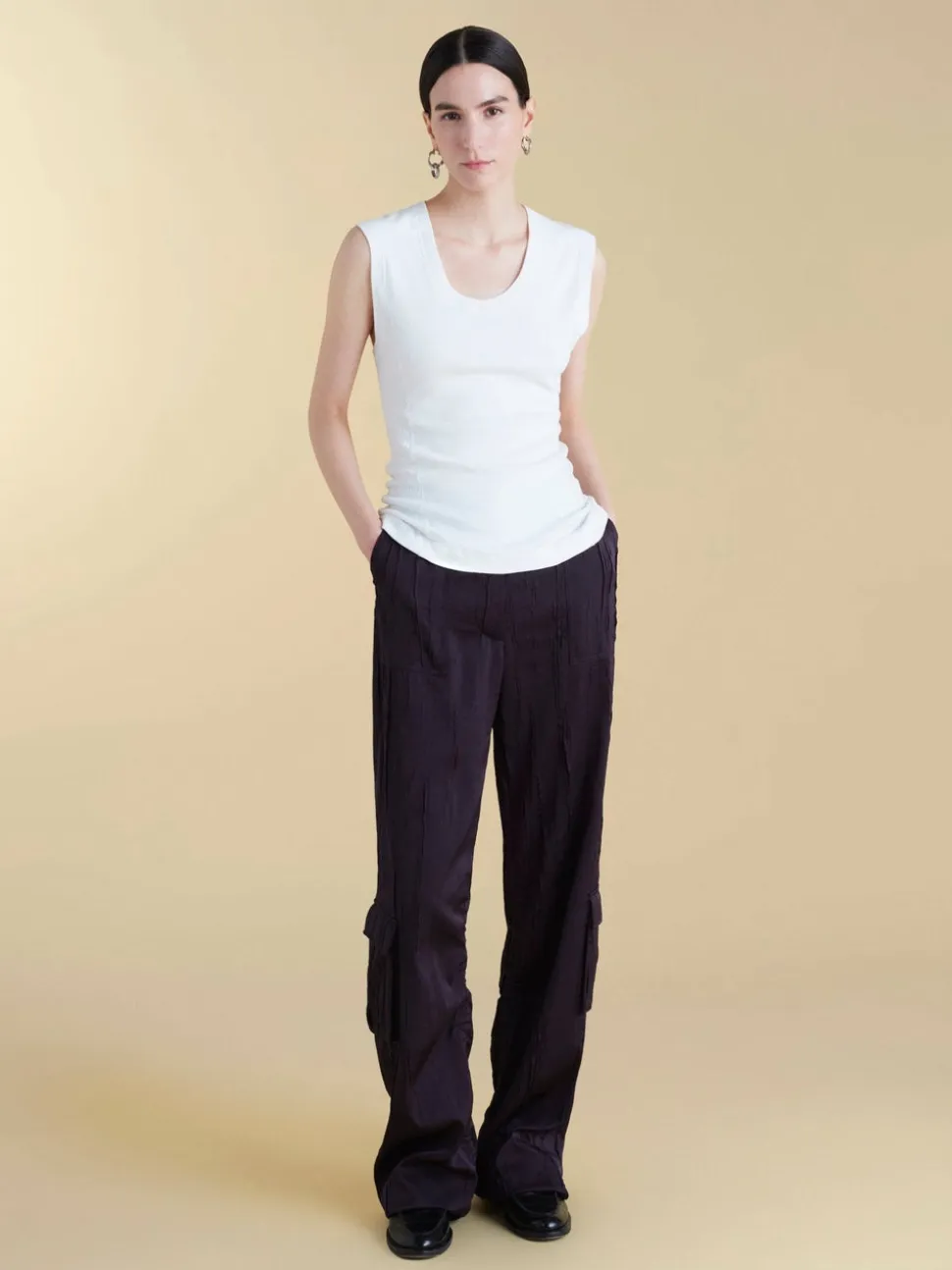 Crinkled Satin Cargo Trouser in Navy