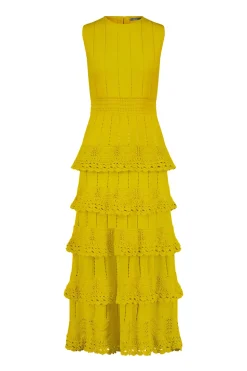 Crochet Ruffle Knit Sleeveless Piper Dress in Mustard