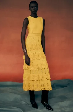 Crochet Ruffle Knit Sleeveless Piper Dress in Mustard
