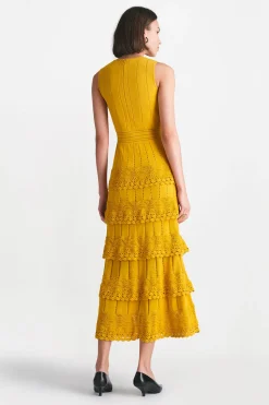 Crochet Ruffle Knit Sleeveless Piper Dress in Mustard