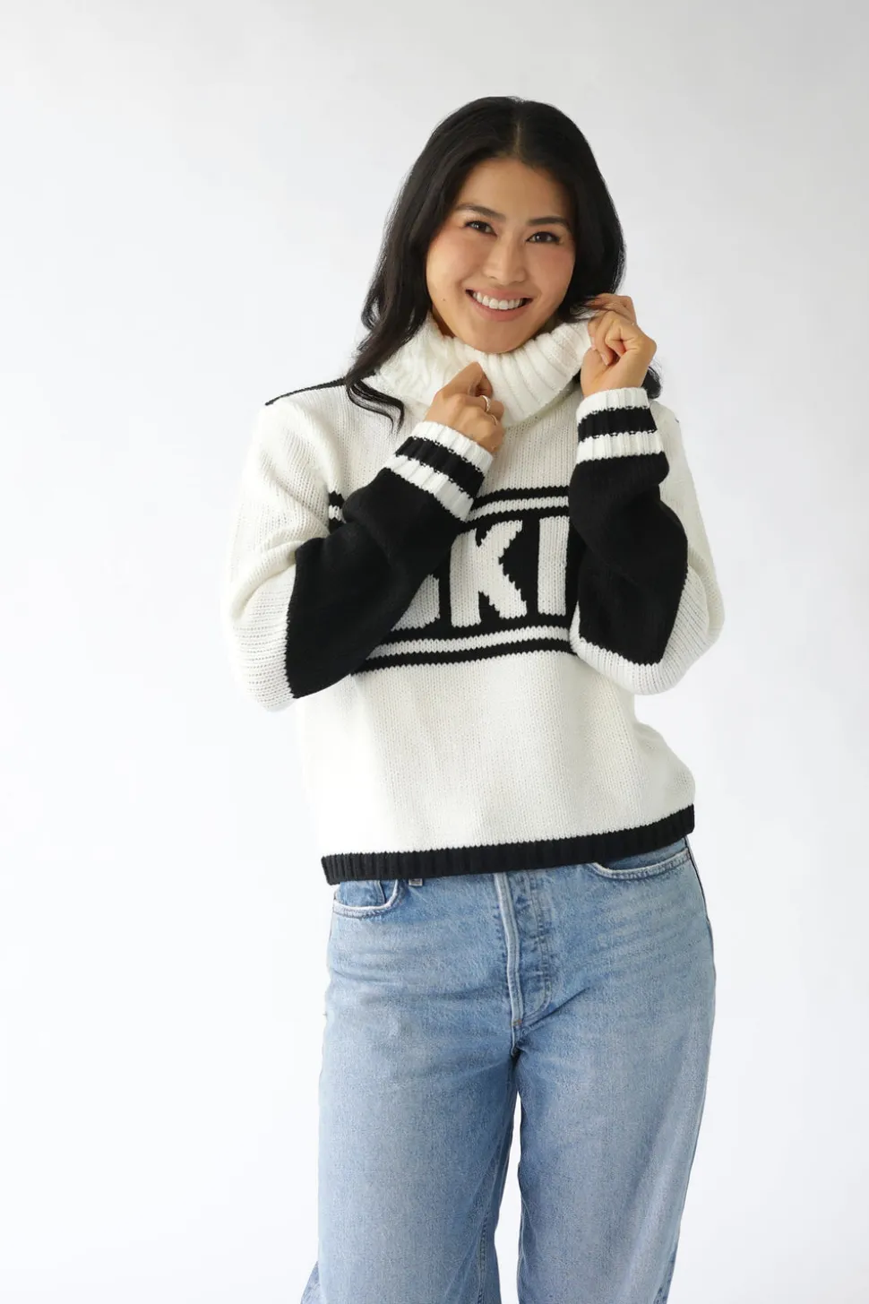 Cropped Vintage Ski Turtleneck Sweater in Ivory Black