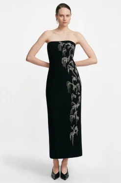 Crystal Embroidery Strapless Sheath in Black