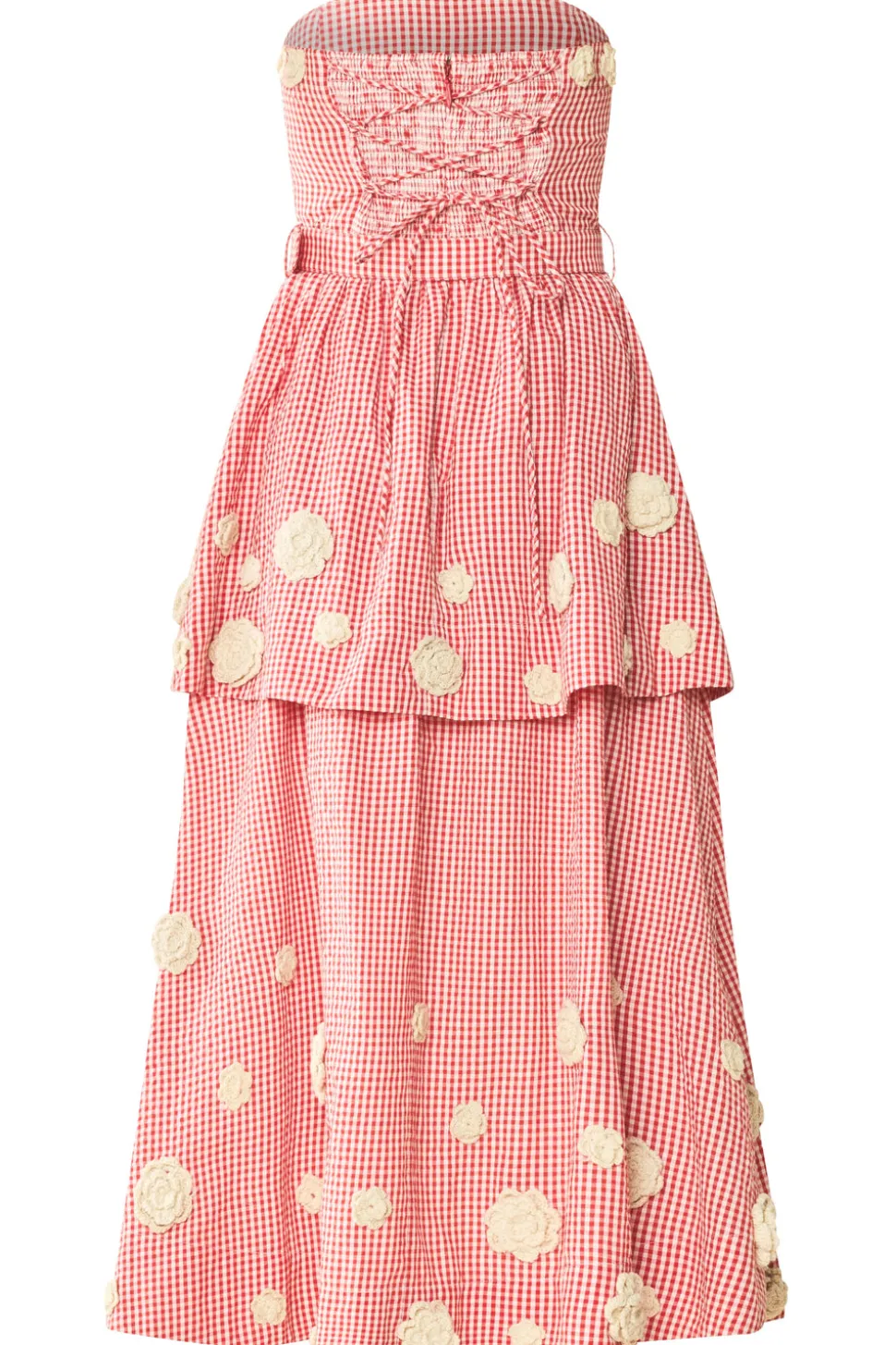 Daisy Dress X Rainey Collaboration in Red Gingham with Cream Crochet Applique