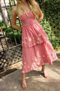 Daisy Dress X Rainey Collaboration in Red Gingham with Cream Crochet Applique