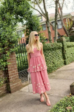 Daisy Dress X Rainey Collaboration in Red Gingham with Cream Crochet Applique