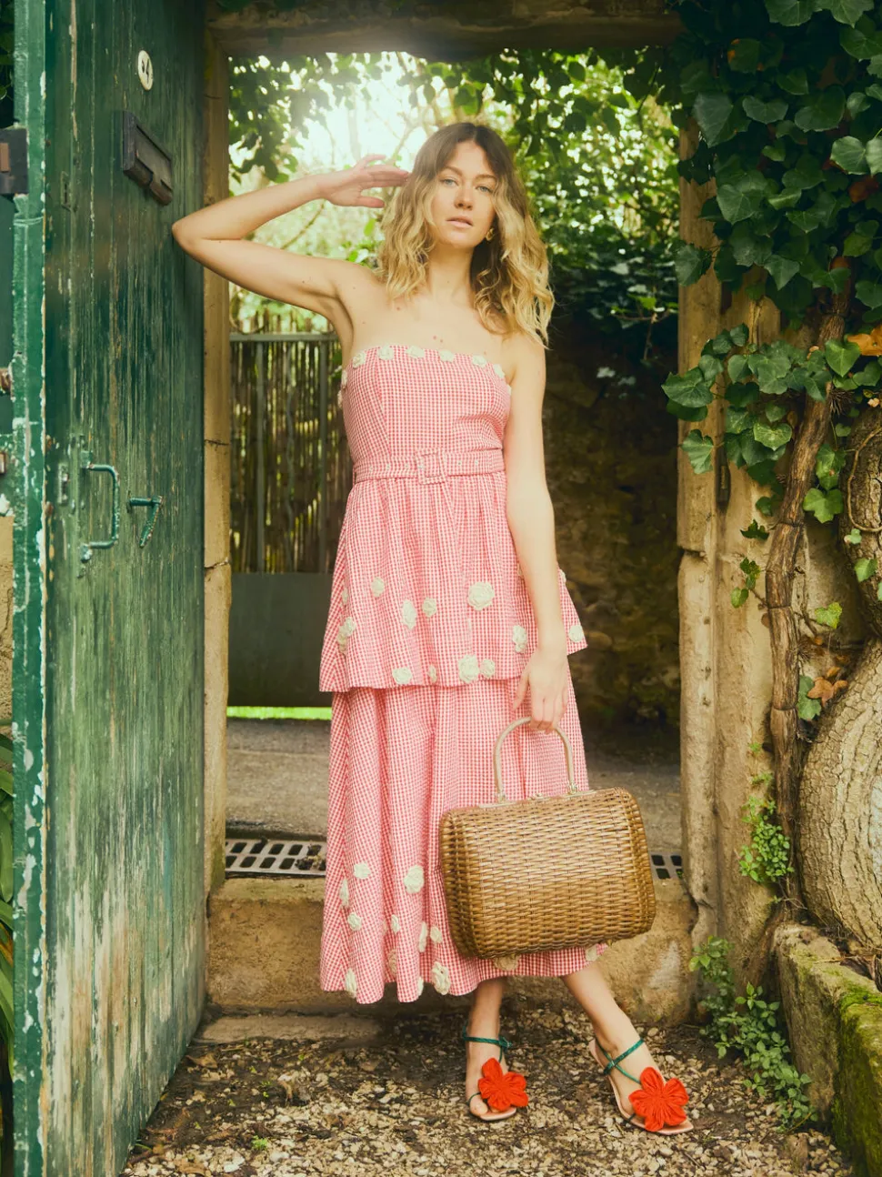 Daisy Dress X Rainey Collaboration in Red Gingham with Cream Crochet Applique