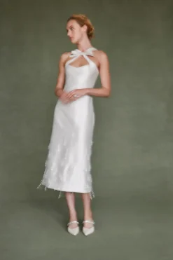 Delphine Dress in Ivory Silk Wool with Crystal Drops