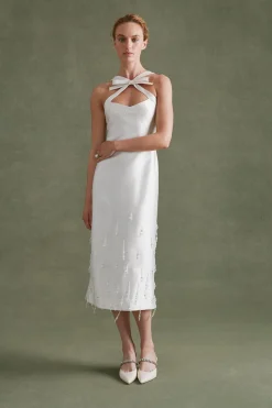 Delphine Dress in Ivory Silk Wool with Crystal Drops