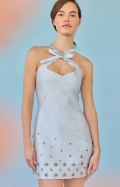 Devi Dress in Ice Blue Silk Wool with Crystal Clusters