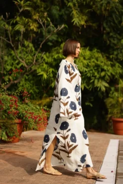 Doha Caftan in Khaki & Navy Flower