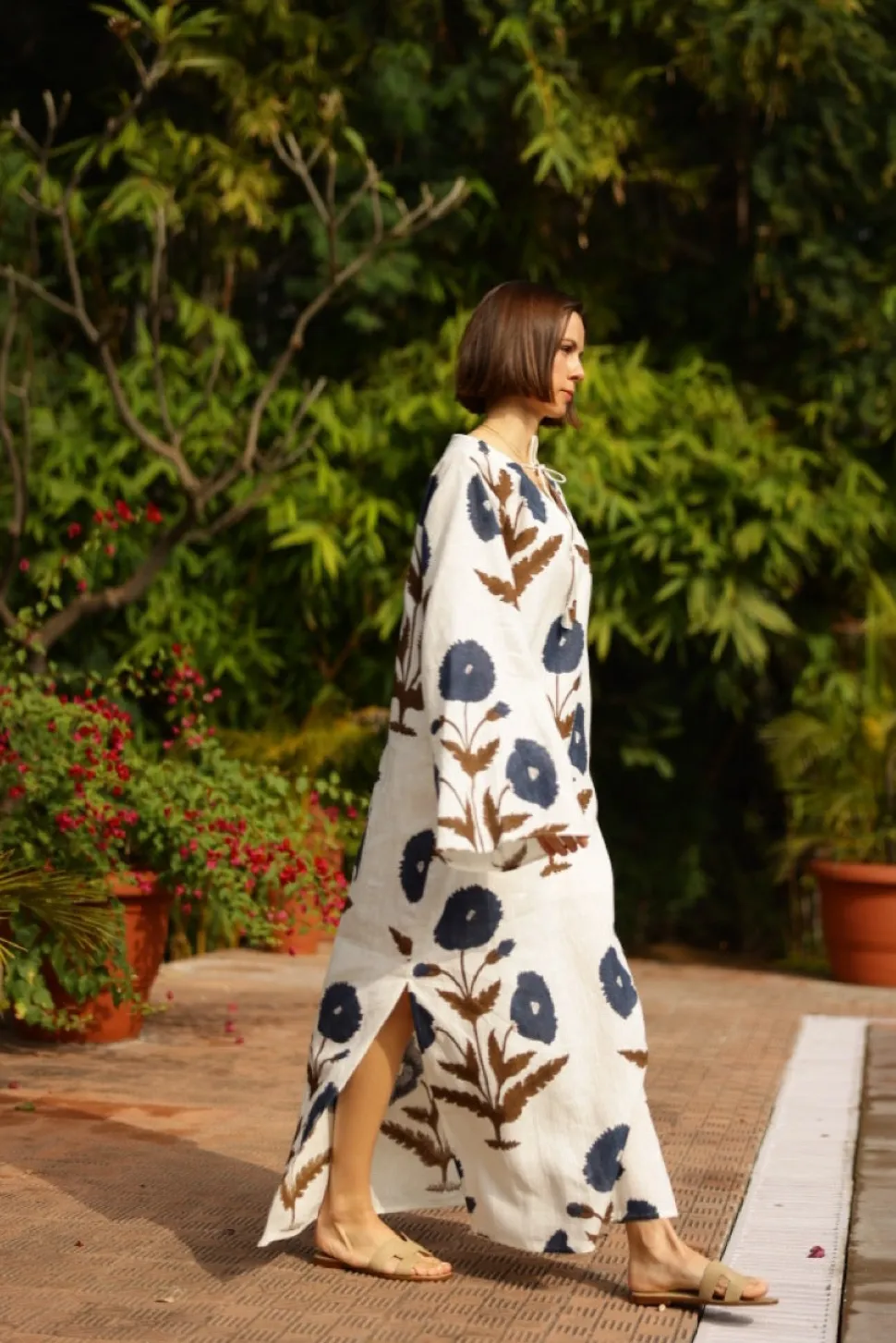 Doha Caftan in Khaki & Navy Flower