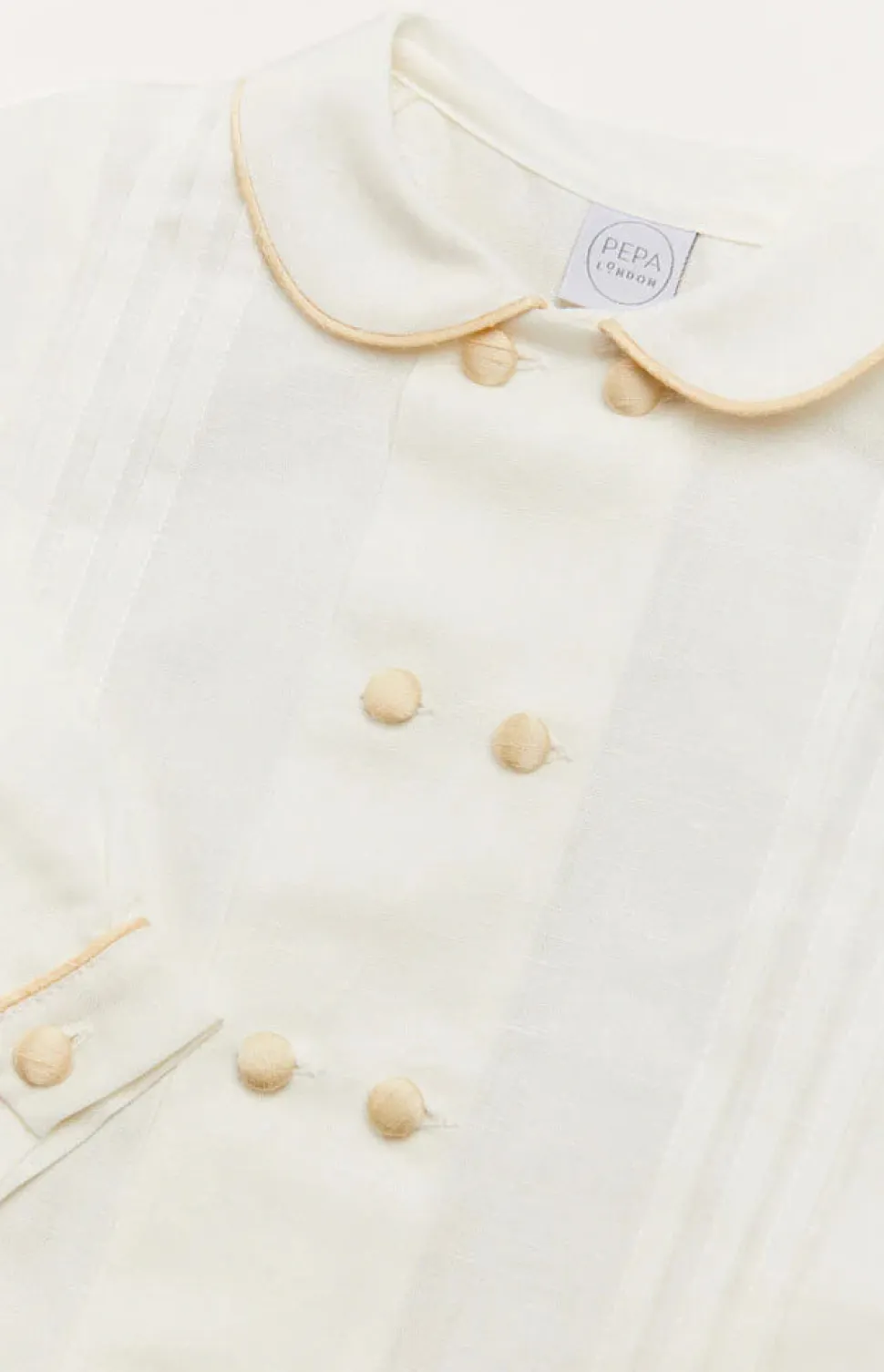 Double-Breasted Peter Pan Collar Long Sleeve Shirt with Beige Silk Piping