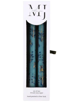 Dusty Blue Chrysanthemum Hand Painted Taper Candles Set of Two