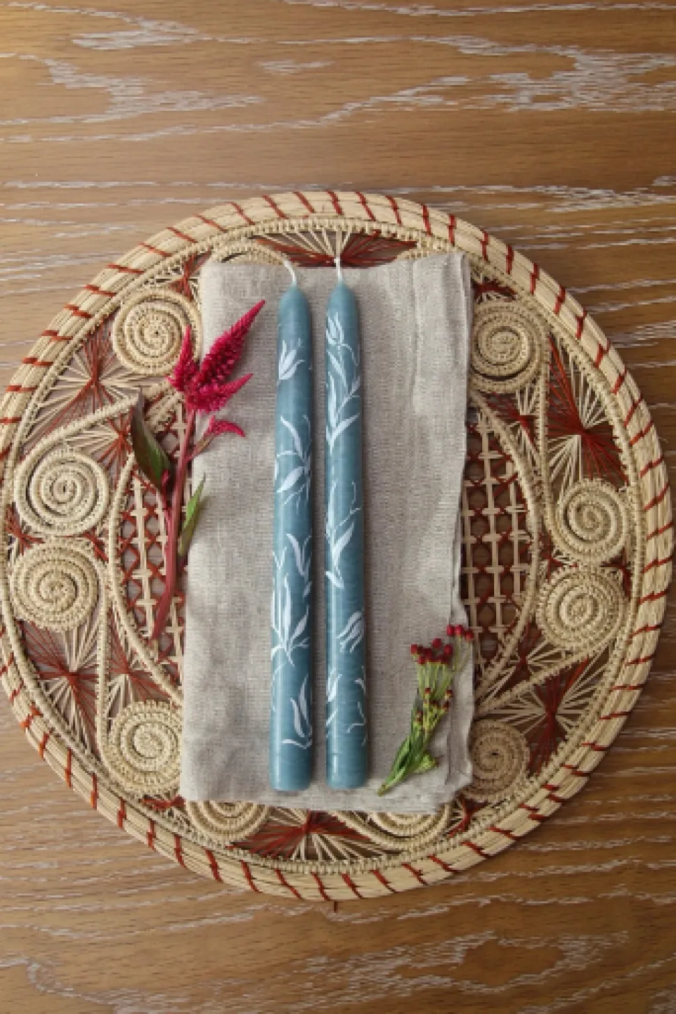 Dusty Blue Tulip Hand-Painted Taper Candles, Set of Two
