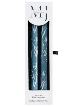 Dusty Blue Tulip Hand-Painted Taper Candles, Set of Two
