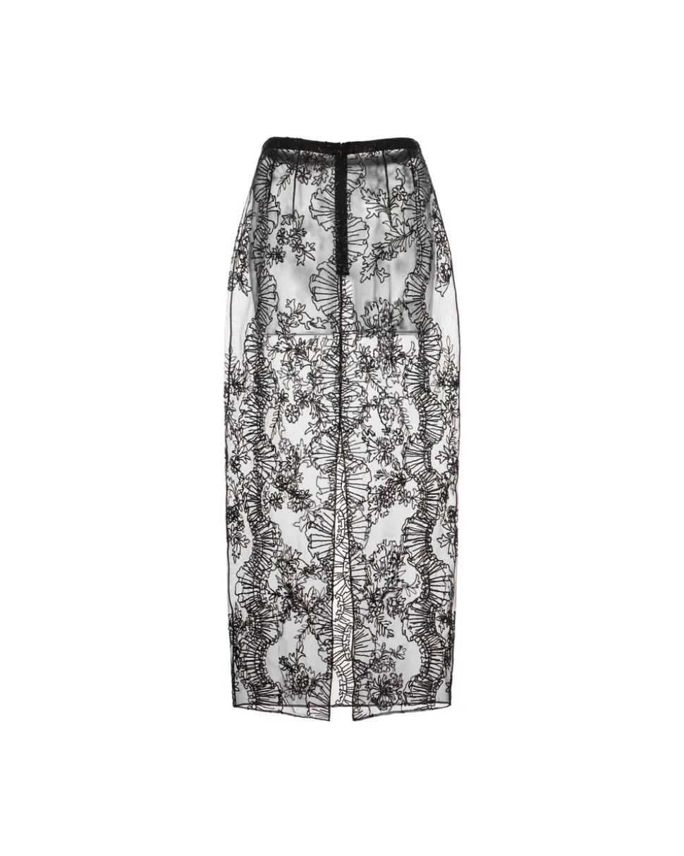 Effie Pencil Skirt in Black Organza with Ribbon Embroidery