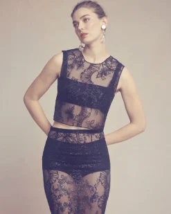 Effie Pencil Skirt in Black Organza with Ribbon Embroidery