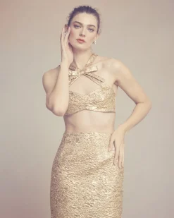 Effie Pencil Skirt in Gold Brocade