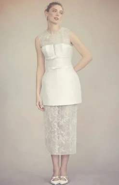 Effie Pencil Skirt in Ivory Organza with Ribbon Embroidery