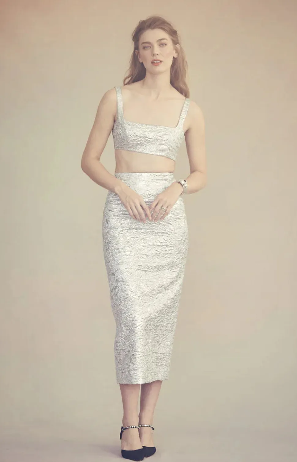 Effie Pencil Skirt in Silver Brocade
