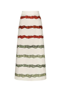 El Carmen Embroidered Cotton Midi Skirt in Ivory Striped Helechos