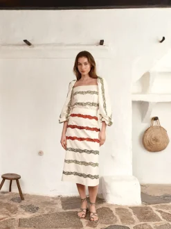 El Carmen Embroidered Cotton Midi Skirt in Ivory Striped Helechos