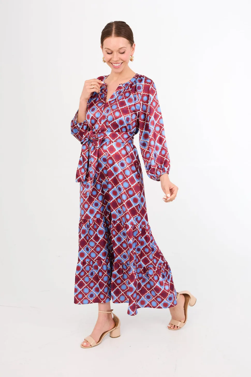 Elise Dress in Burgundy Sunburst Satin