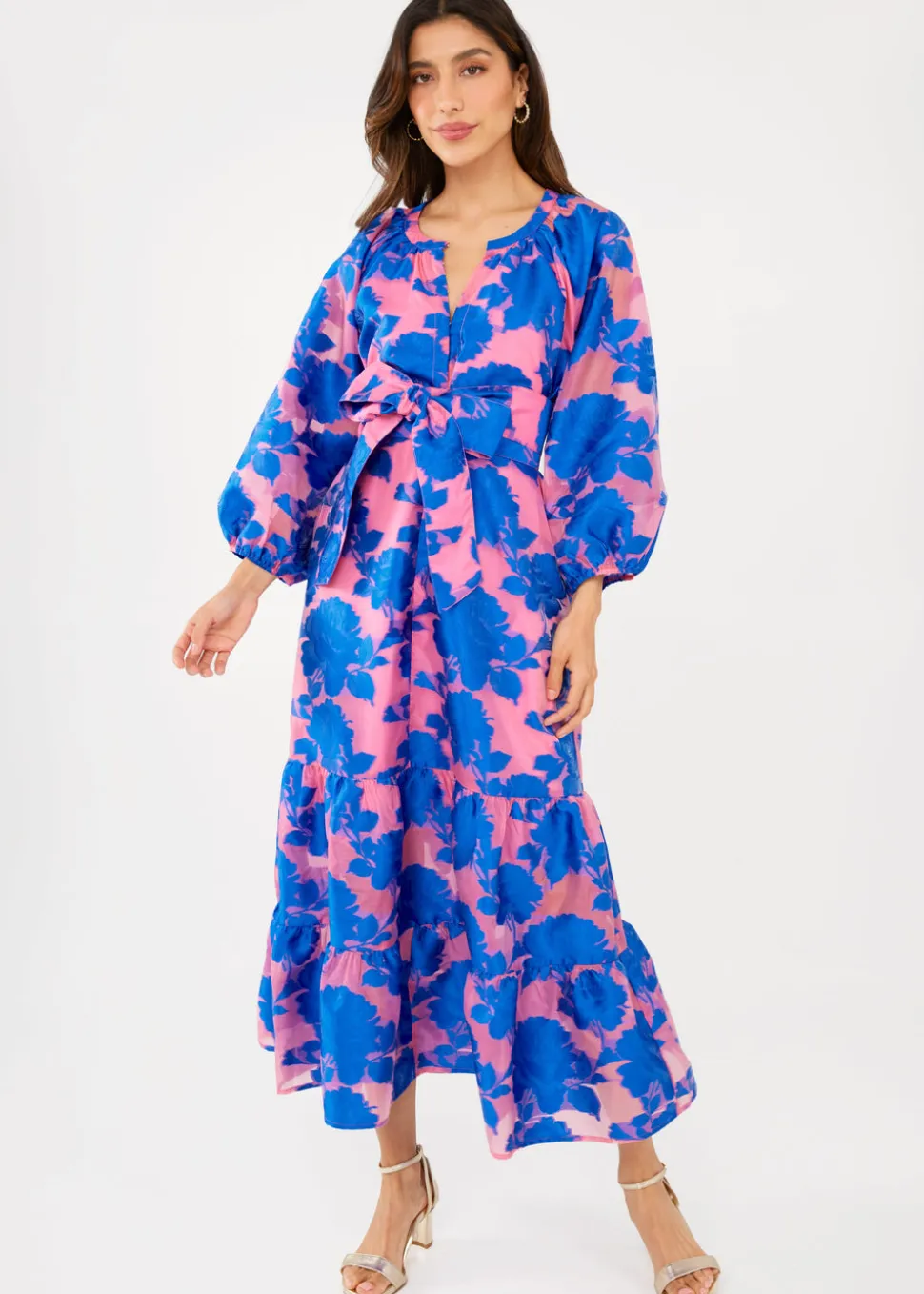 Elise Dress in Pink and Blue Tea Rose Organza
