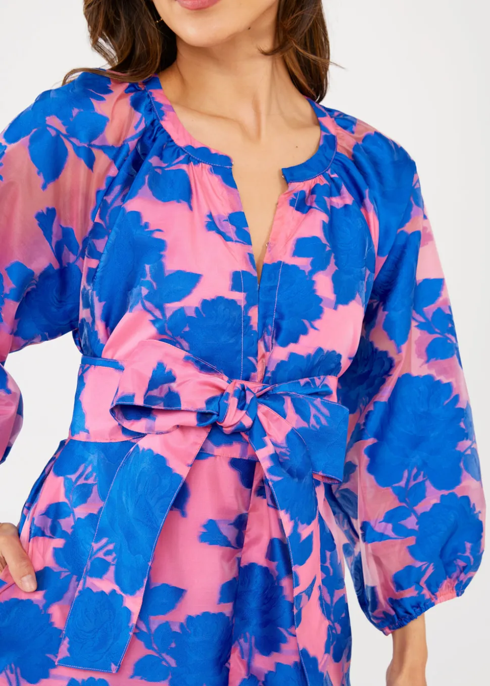 Elise Dress in Pink and Blue Tea Rose Organza