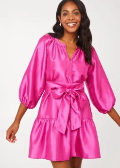 Elise Mini Dress in Hot Pink Dupioni