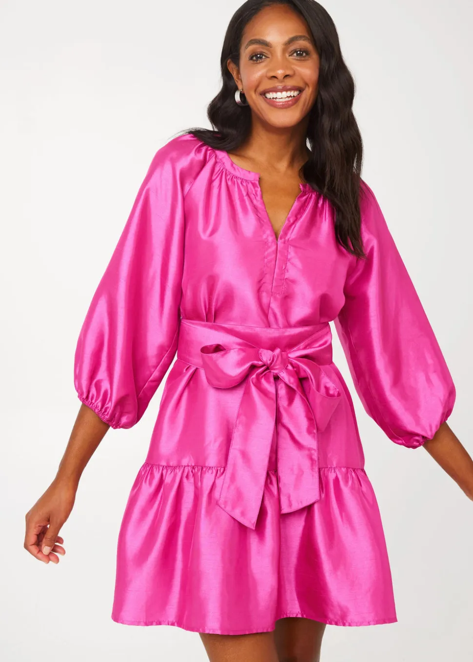 Elise Mini Dress in Hot Pink Dupioni