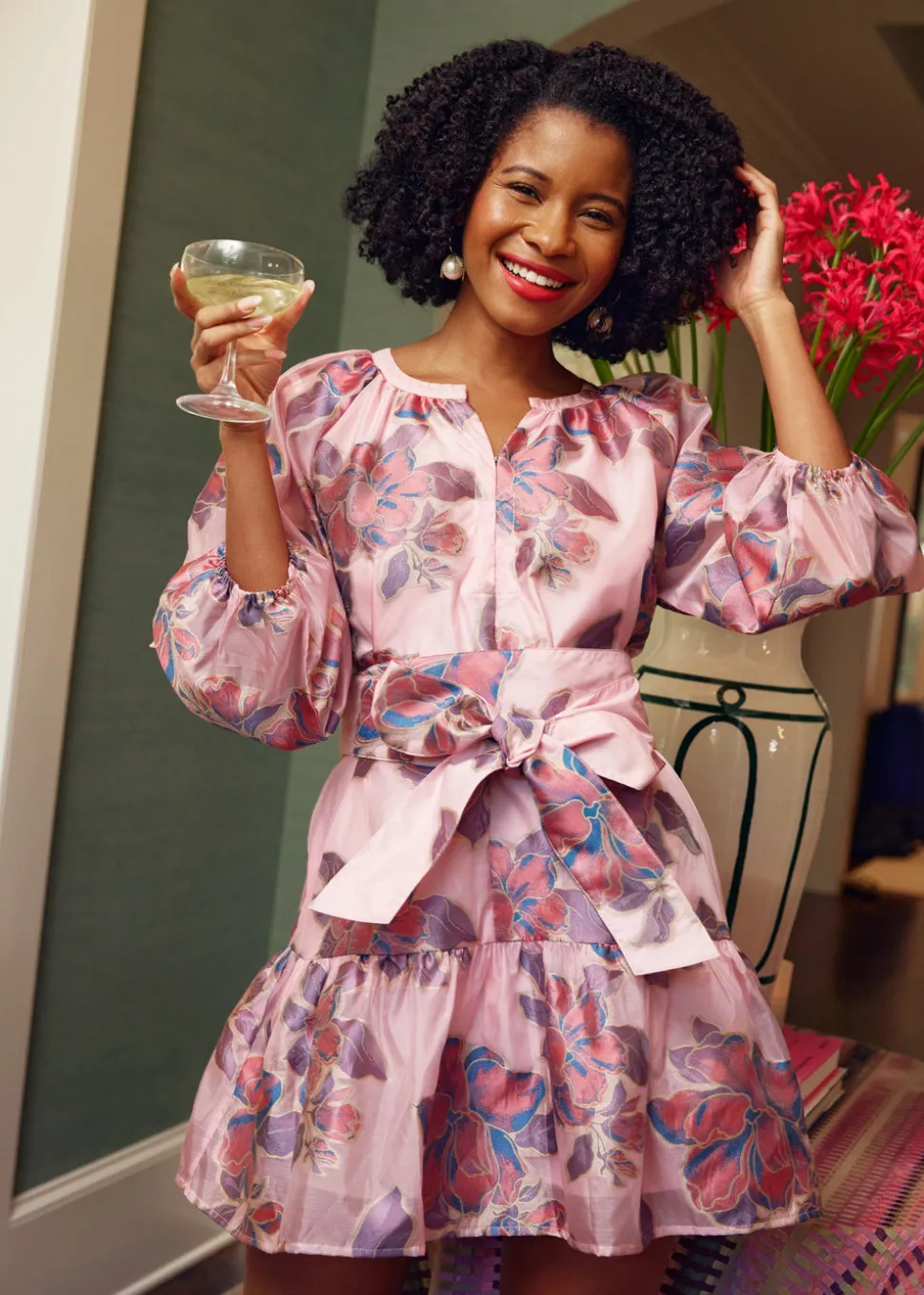 Elise Mini Dress in Pink Peony Organza