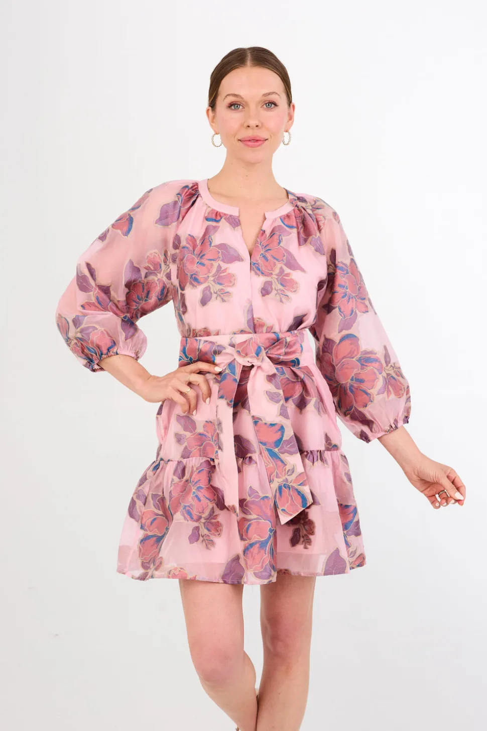 Elise Mini Dress in Pink Peony Organza
